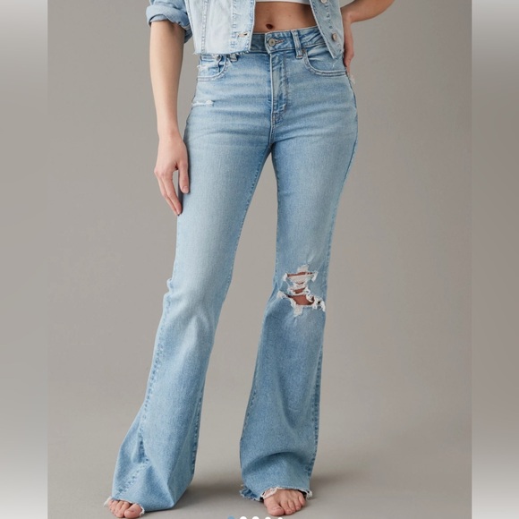 American Eagle Outfitters Denim - American Eagle Next Level Ripped Super High-Waisted Flare Jeans light blue